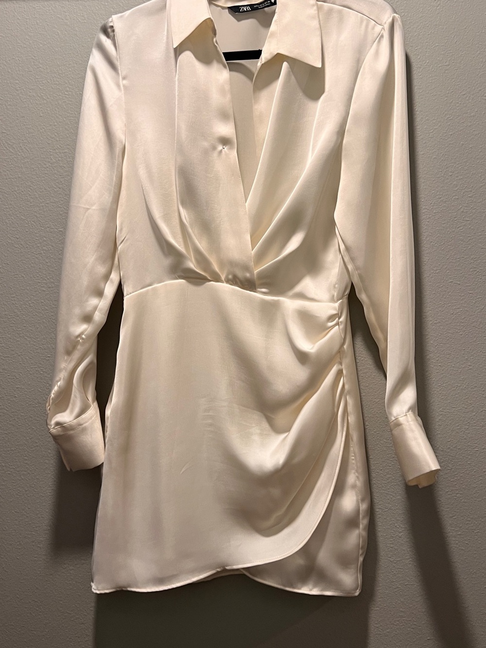 ZARA Cream Satin Shirt Dress collared long sleeve